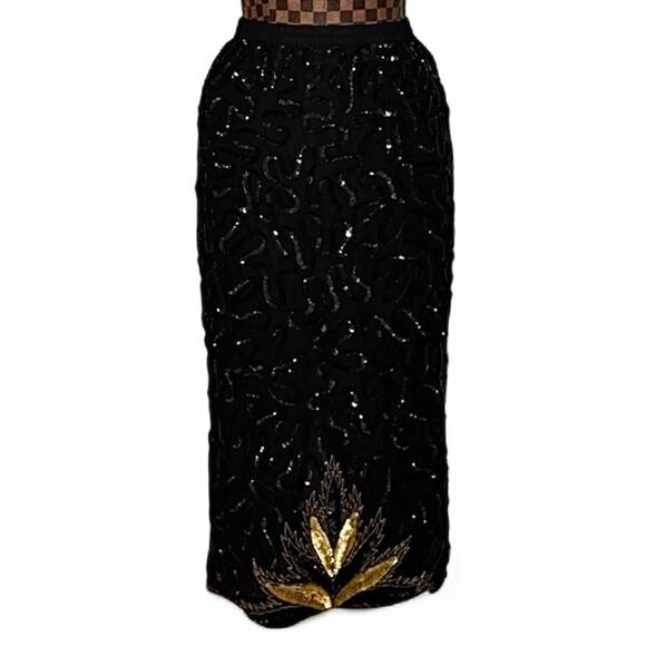 Vintage 80s Black Sequin Gold Leaf Beaded Midi Skirt Glam Cocktail Evening Small - Picture 2 of 11